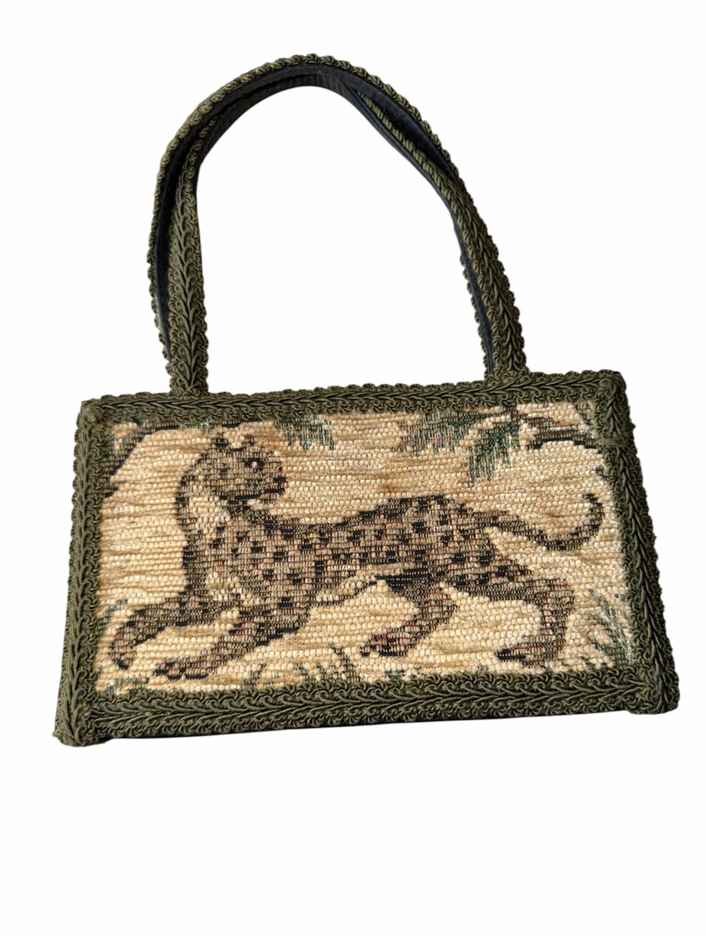 Vintage Lorren Bell Woven Leopard Motif HandBag in Olive and Beige